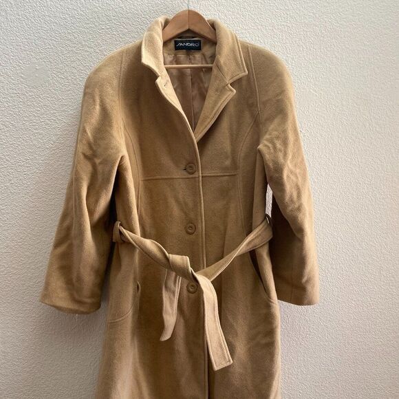 Sandro Trench Coat Jacket Camel 100% Pure Wool Belted Button Up Size 12 - Picture 1 of 6